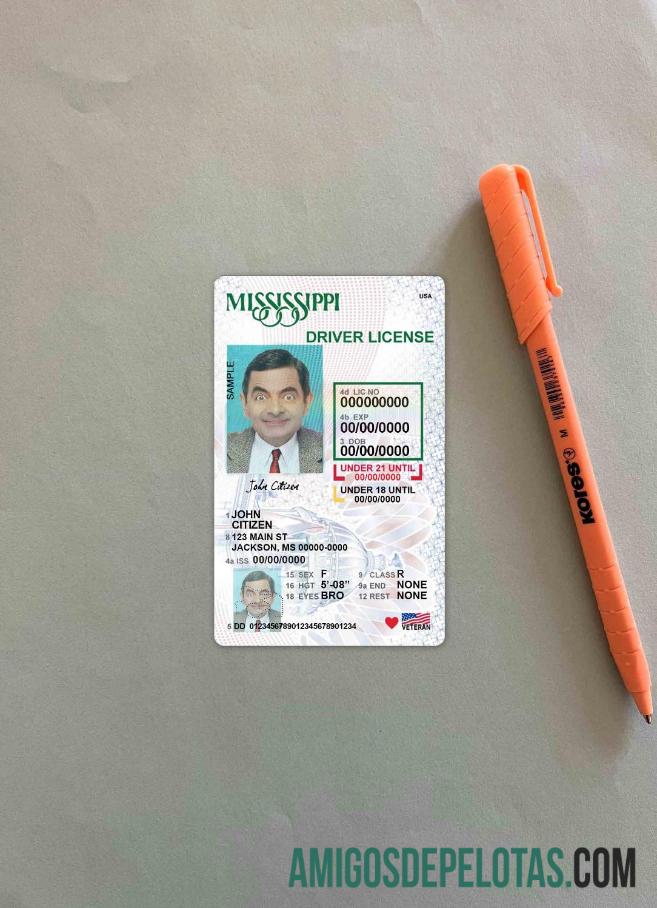 Carta de condução do Mississippi nos EUA com menos de 21 anos fotolook frente baixar para verificação